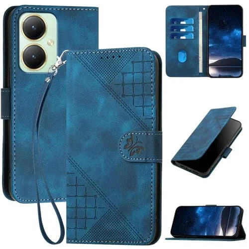 Para Vivo Y27 4G Global Yx0080 Grid Butterfly Patrón En Relieve Funda de Cuero con Tapa para Teléfono con Cordón (Azul Oscuro)