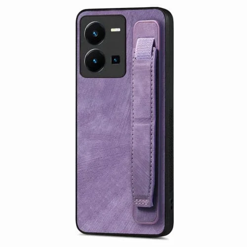 Para Vivo Y35 4G Funda Trasera de Cuero con Soporte para Pulsera Retro (Púrpura)