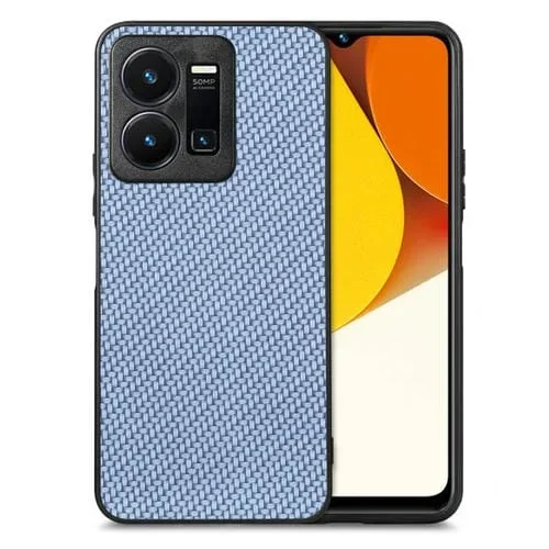 Para Vivo Y35 Funda Trasera de Cuero con Textura de Fibra de Carbono para Teléfono (Azul)
