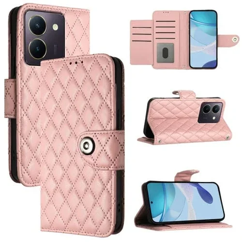 Para Vivo Y36 5G / Y36 4G / Y36 India Funda de Cuero con Tapa con Textura Rómbica y Cordón (Rosa Coral)