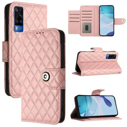 Para Vivo Y51 2020 India / Y31 India Funda para Teléfono con Tapa de Cuero con Textura Rómbica y Cordón (Rosa Coral)