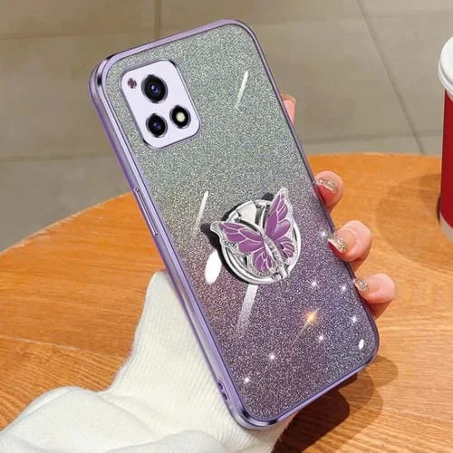 Para Vivo Y52S Estuche para Teléfono de TPU con Soporte de Mariposa con Brillo Degradado Plateado (Púrpura)