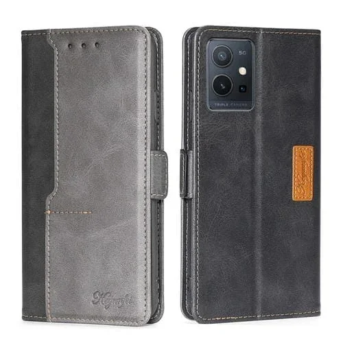 Para Vivo Y52T Caja de Teléfono de Cuero con Hebilla Lateral de Color de Contraste (Negro + Gris)
