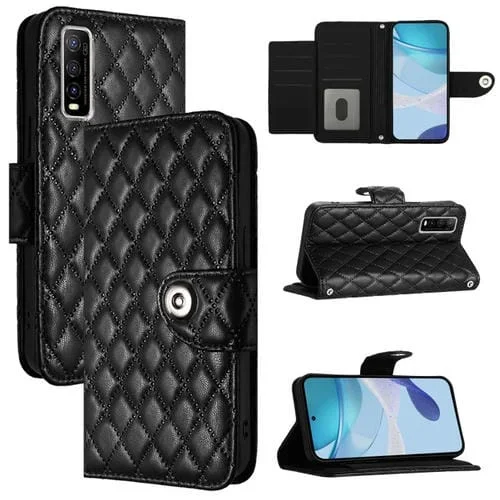 Para Vivo Y70S Funda para Teléfono de Cuero con Tapa con Textura Rómbica y Cordón (Negro)