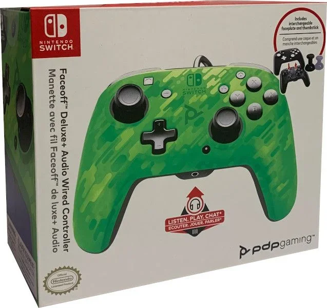 PDP Mando con cable de audio Faceoff Deluxe + PDP para Switch en Camo Verde