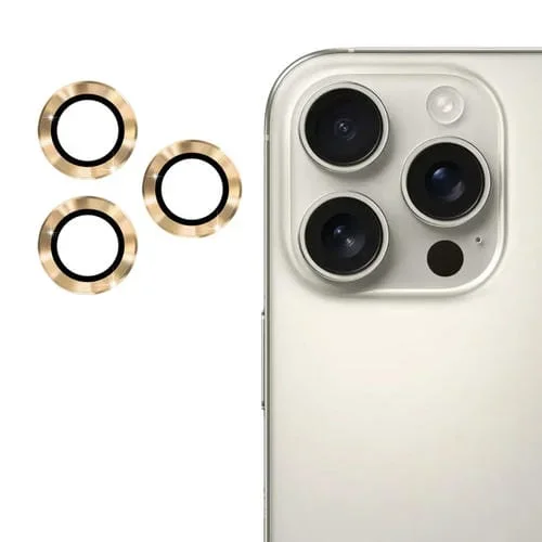 Película de Vidrio Templado Enkay para iPhone 16 Pro y 16 Pro Max con Aleación de Aluminio y Lente Trasera (Dorado)