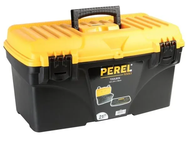 Perel Caja de herramientas, polipropileno, con bandeja de herramientas extraíble, manija plegable y cierres de plástico, negro/amarillo, 535 x 291 x 280 mm