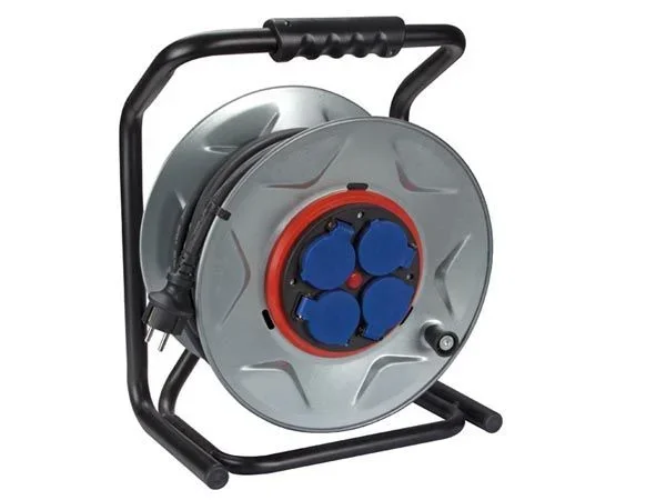 Perel Carrete de cable profesional, uso interior y exterior, resistente a las salpicaduras (IP44), 4 capturas con tierra francesa, sistema anti-tensión, protección térmica, 25 m, 3g2.5, gris/negro