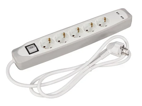 Perel EB5CGUSB-G base múltiple 1 m 5 salidas AC Interior Gris, Blanco