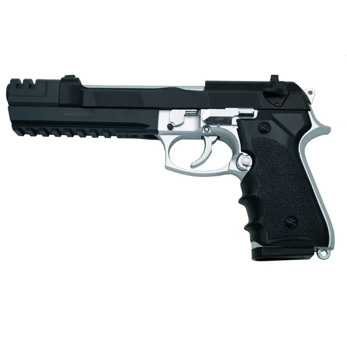 Pistola HFC Cañón largo Tipo Beretta 92 Long Barrel – Bicolor – Pistola Muelle Pesada Calibre 6 mm – Energía 0.29 Julios – Velocidad de disparo 70m/s – 230 FPS. Ref: 118EBC