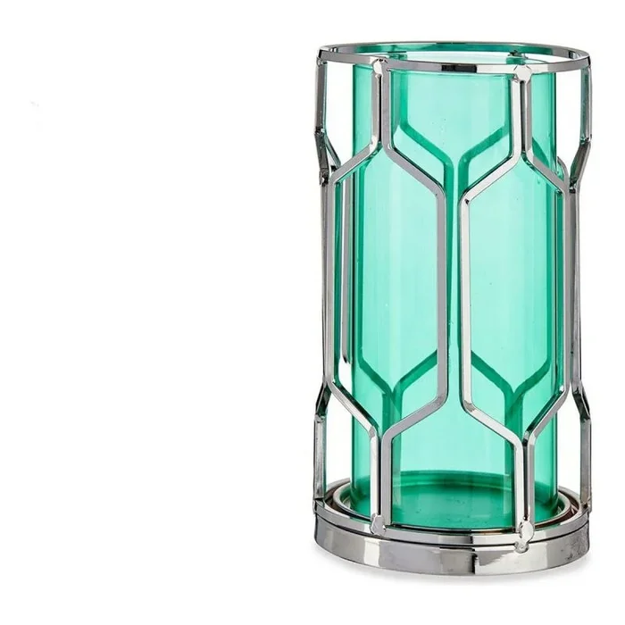 Portavelas plateado azul metal vidrio (11,5 x 19,5 x 11,5 cm)