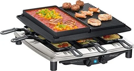 Premium Raclette con piedra natural y parrilla, Incluyendo sarten antiadherente reversible con superficie suave, Para 8 Personas – Steba RC 4 PLUS Deluxe Chrom, 622300