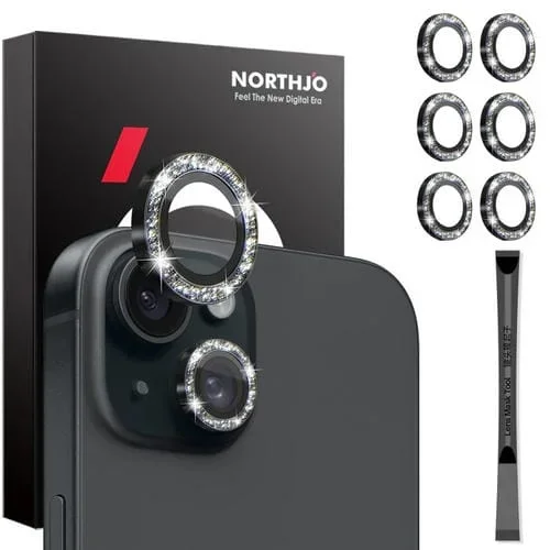 Protector de Lente de Cámara Northjo para iPhone 15/15 Plus/14/14 Plus Set 6 Piezas Anillo de Metal con Brillo (Negro)