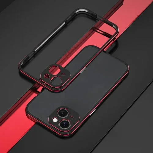 Protector de Lente + Estuche para Teléfono iPhone 15 Aurora Series con Marco de Metal (Negro Rojo)