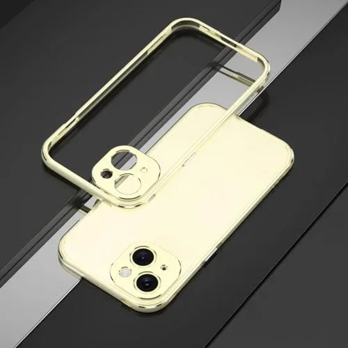 Protector de Lente y Estuche para Teléfono iPhone 15 Plus Serie Aurora con Marco de Metal (Dorado y Plateado)