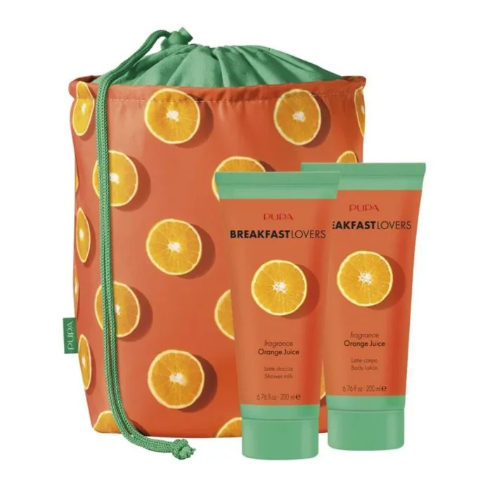 Pupa Milano – Juego para amantes del desayuno, jugo de naranja para mujer, 3 piezas de leche de ducha de 6.75 onzas, loción corporal de 6.75 onzas, bolso