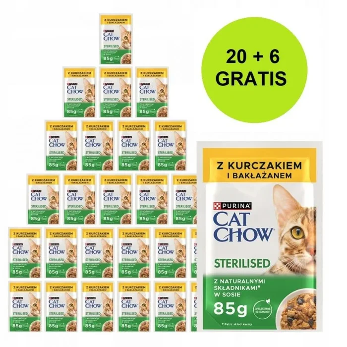 Purina cat chow sterilised with chicken and eggplant in sauce – wet cat food – 26x85g (20 + 6 gratis)