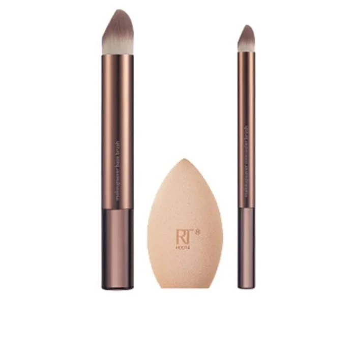 Real Techniques Set de esponja Makeupsaver + brochas para fórmulas líquidas o en crema, acabado natural, minimiza residuos, sin látex ni crueldad, incluye 3 herramientas de maquillaje