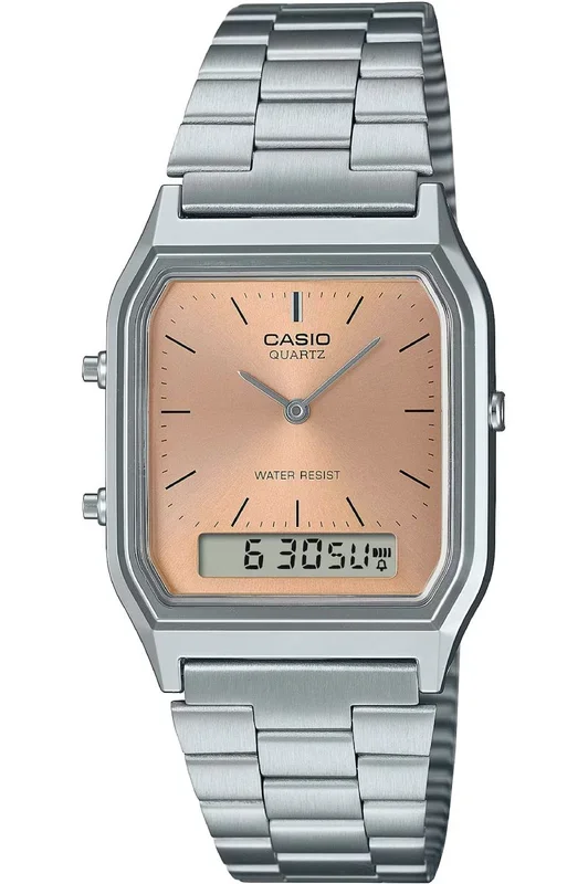 Reloj de pulsera CASIO Collection – AQ-230A-4A correa color: Gris plata Dial Rojo salmón Unisex