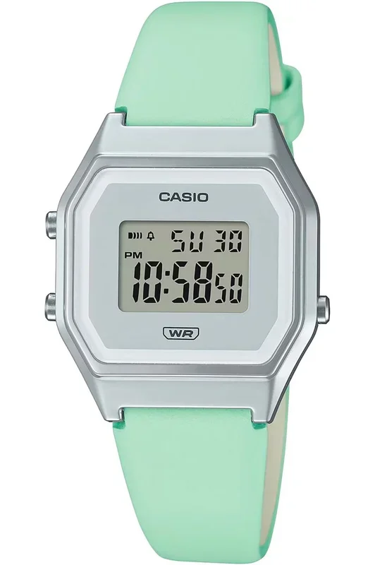 Reloj de pulsera CASIO Retro Vintage – LA680WEL-3EF correa color: Verde hierba Dial Gris plata Mujer
