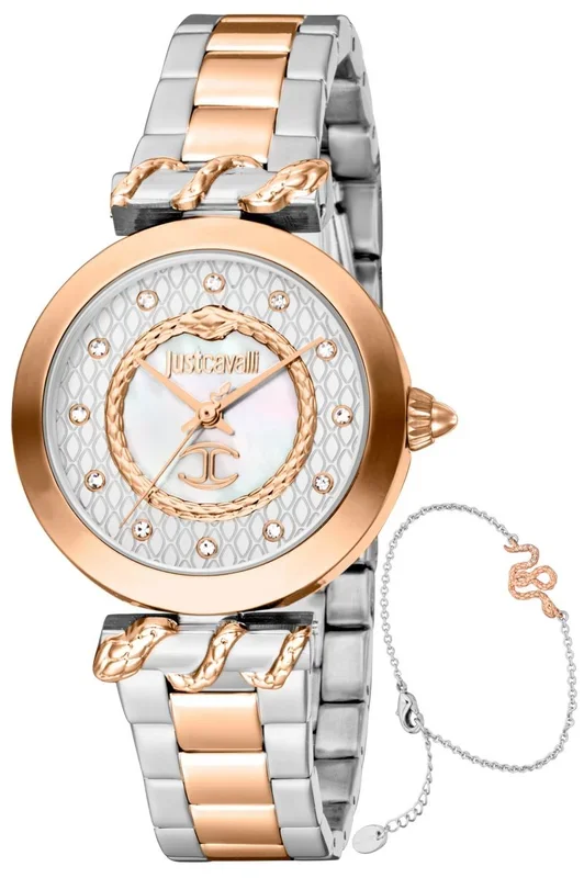 Reloj de pulsera Just Cavalli Just Cavalli SET Donna luce – JC1L257M0075 correa color: Gris plata Oro rosa Dial Mother of Pearl Nácar Azul noche Mujer