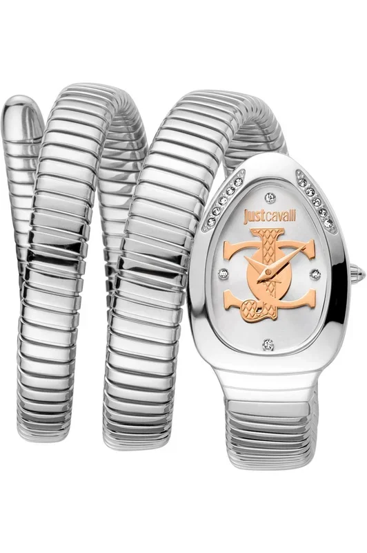 Reloj de pulsera Just Cavalli Signature Snake Glam Evo 5 Doppio – JC1L228M0015 correa color: Gris plata Dial Metal Gris plata Oro rosa Mujer