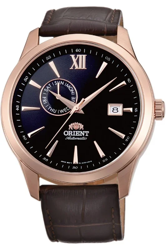 Reloj para Hombre Orient, Modelo FAL00004B0. Reloj Chapado de Acero Inoxidable, correa de color Marrón y Dial en color Negro. Reloj Analógico para Hombre. WR 50 mt.