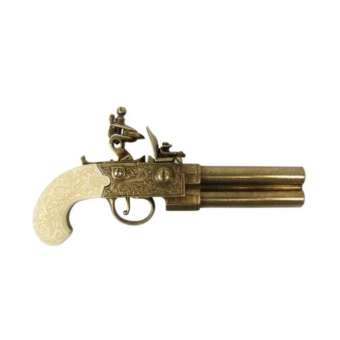 Réplica de pistola de chispa diseñada por Twigg en Reino Unido en el Siglo XVIII, de color oro. Fabricada en metal y cachas de plástico imitación marfil, con mecanismo simulador de carga y disparo, con cañón ciego, no funciona, para decoración