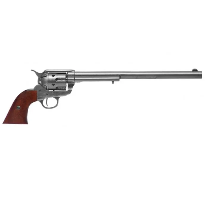 Réplica de revólver calibre 45 Peacemaker de 12″ fabricada diseñado por Samuel Colt en 1873, en metal y madera, con mecanismo simulador de carga y disparo y tambor giratorio, con cañón ciego, no dispara, para decoración