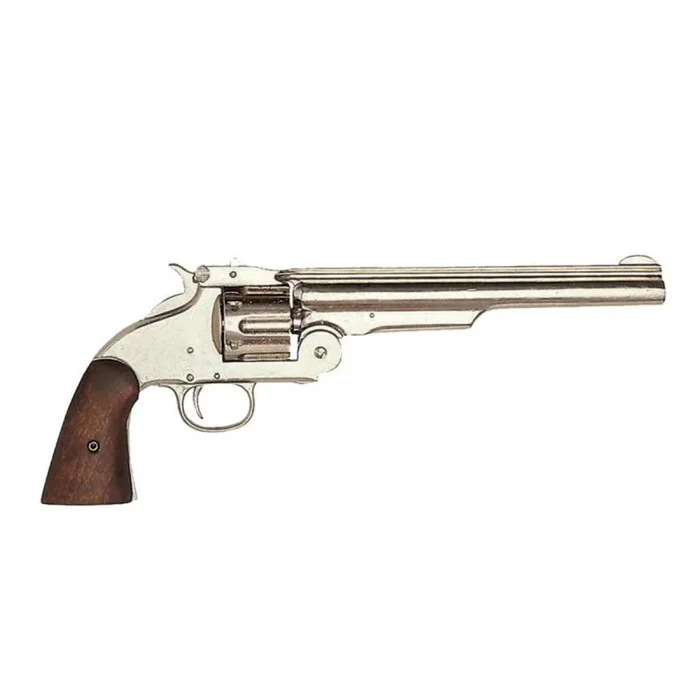 Réplica de Revólver Calibre 45 Schofield de los Estados Unidos, año 1869, de 36 cm fabricado en madera y metal de color plata con cañón ciego, no funciona, para decoración