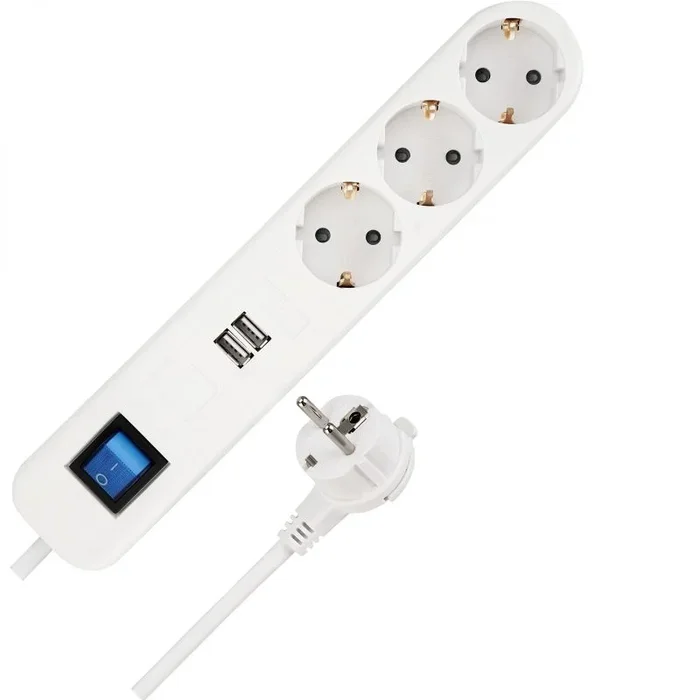 Rev Ice – Regleta con USB (3 enchufes, Enchufe USB, 2 Puertos USB, Cargador, 1,4 m, máx. 3680 W), Color Blanco