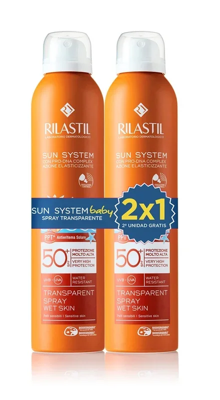 Rilastil Sun System – Spray Fotoprotector Wet-Skin Baby Transparente, con Spf 50+, Pulverización Continua y Multi-Posición 360, de 3 a 4 Años, 2 x 200 Mililitros