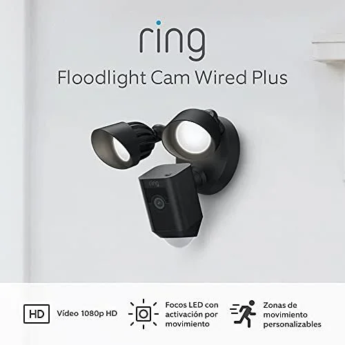 Ring Floodlight Cam Wired Plus de Amazon | Vídeo 1080p HD, focos LED, sirena integrada, instalación por cable | Prueba de 30 días gratis de Ring Protect | Negro