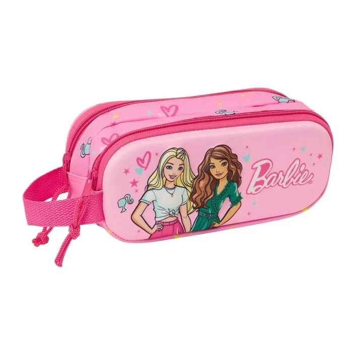 Safta Barbie 3D – Portatodo Doble 3D, Estuche Infantil, Estuche Niño, Ideal para Niños en Edad Escolar, Cómodo y Versátil, Calidad y Resistencia, 21x6x8 cm, Color Rosa/Fucsia