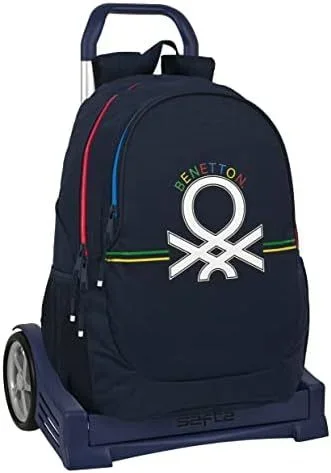 Safta BENETTON Sixties – Mochila Escolar, Espalda Ergonómica, con Carro Evolution, Ideal para Niños de Diferentes Edades, Cómoda y Versátil, Calidad y Resistencia, 32x16x44 cm, Color Azul marino