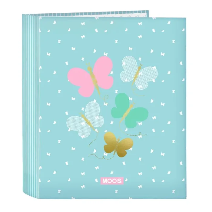 Safta MOOS BUTTERFLIES – Carpeta Folio 4 Anillas, Ideal para Niños de Diferentes Edades, Cómoda y Versátil, Calidad y Resistencia, 27x6x33 cm, Color Azul Claro