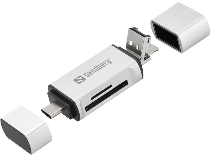 Sandberg Card Reader USB-C+USB+MicroUSB – Lector (MicroSD (TransFlash),SD, Plata, USB, 1 pieza(s), 80 mm, 16 mm)