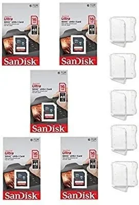 SanDisk 5 Unidades Ultra 16 GB Flash Tarjeta de Memoria SD SDHC UHS-I Clase 10 Velocidad de Lectura de hasta 48 MB/s 320 x sdsdunb-016g-gn3in Wholesale Lot + (5 Casos)