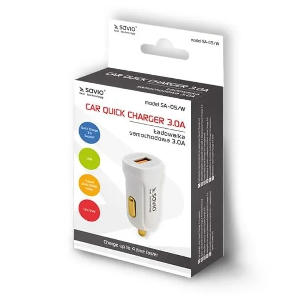 Savio SA-05/W cargador de dispositivo móvil Smartphone Blanco Encendedor de cigarrillos Carga rápida Auto