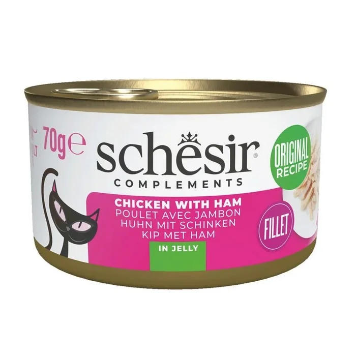 Schesir, Filetes de Pollo y Jamón en Gelatina, Comida Húmeda Complementaria para Gatos, en Latas, Receta Original, 100% Natural, 12 x 70g