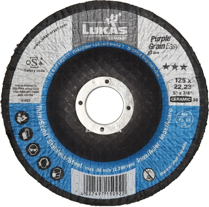 Ściernica Talerzowa Lukas 125mm P60 Purple Grain | Lijado Profesional, Alta Durabilidad, Eficiencia en Metal, Perfecta para Superficies Inoxidable y Metálicas.