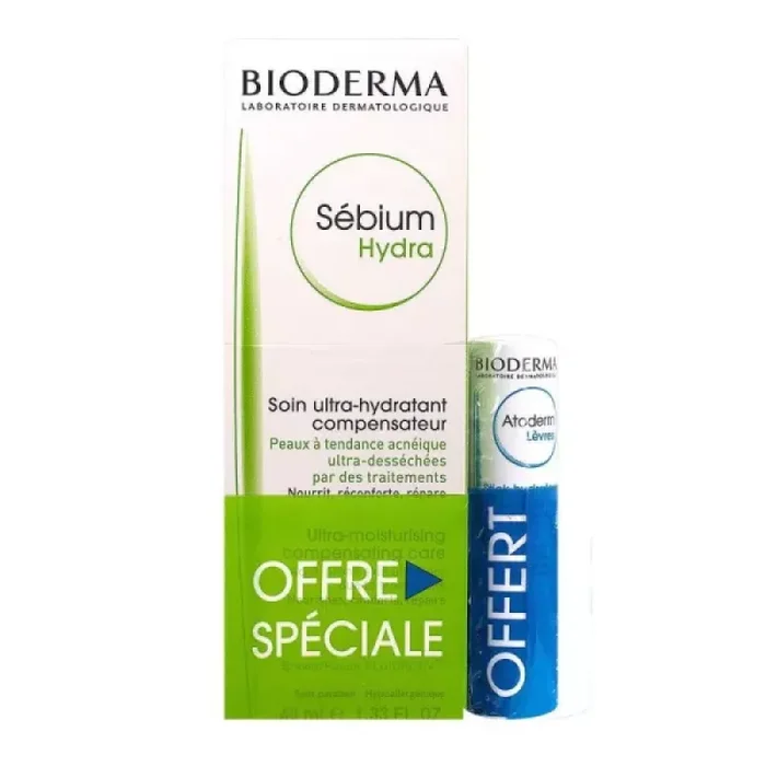 Sebium hydra set bioderma: atoderm, moisturizing, lip balm treatment, 3 g + sebium hydra, moisturizing & softening, cream, for face, 40 ml