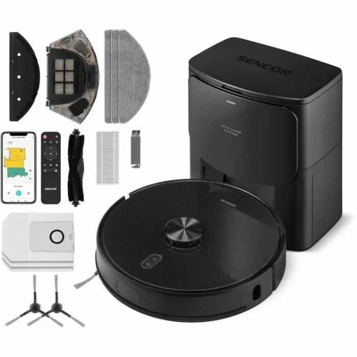 Sencor SRV 9185BK Robot Aspirador y fregasuelos, Ultra Potente 3000Pa, Estación de Vaciado Automático, Navegación LiDAR, Silencioso, Ideal para Pelos Mascotas, Control por App y Alexa, Larga Autonomía
