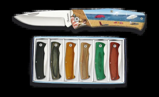 Set de 6 Navajas Martinez Albainox con mango de madera e Impresión 3d Playa, Hoja de acero inoxidable de 7 cm en estuche regalo de presentación