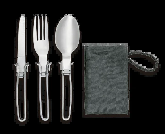 Set de cubiertos de Camping Barbaric, incluye tenedor, cuchara y cuchillo plegable, material de acero inox, con funda de Nylon