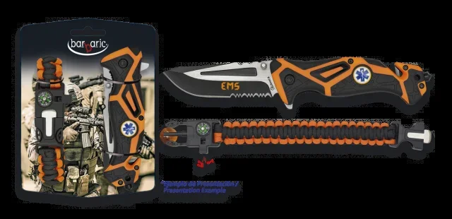 Set de navaja Albainox color naranja EMS, apertura FOS + paracord naranja con brújula y silbato