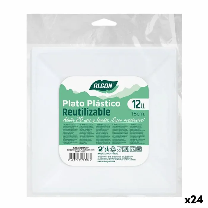 Set de platos reutilizables algon cuadrado plástico 18 x 18 x 1,5 cm (24 unidades)