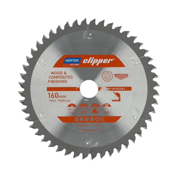 Sierra Circular Norton 160mm x 20mm x 48T, corte transversal, para madera y compuestos, geometría ATB negativa, dientes de carburo, 9500 rpm, alta durabilidad