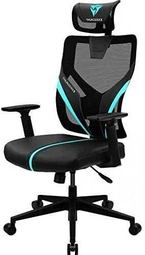 Silla ergonómica thunderx3 yama1 negra con detalles en cyan soporte lumbar ajustable y rejilla traspirable