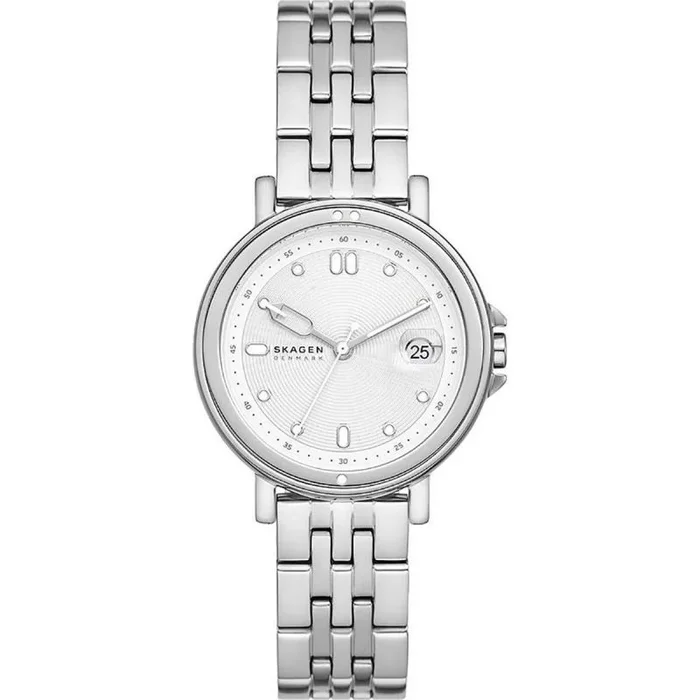 Skagen Signatur reloj para mujer, movimiento de cuarzo con correa de acero o piel, Tono plata y blanco, 34MM